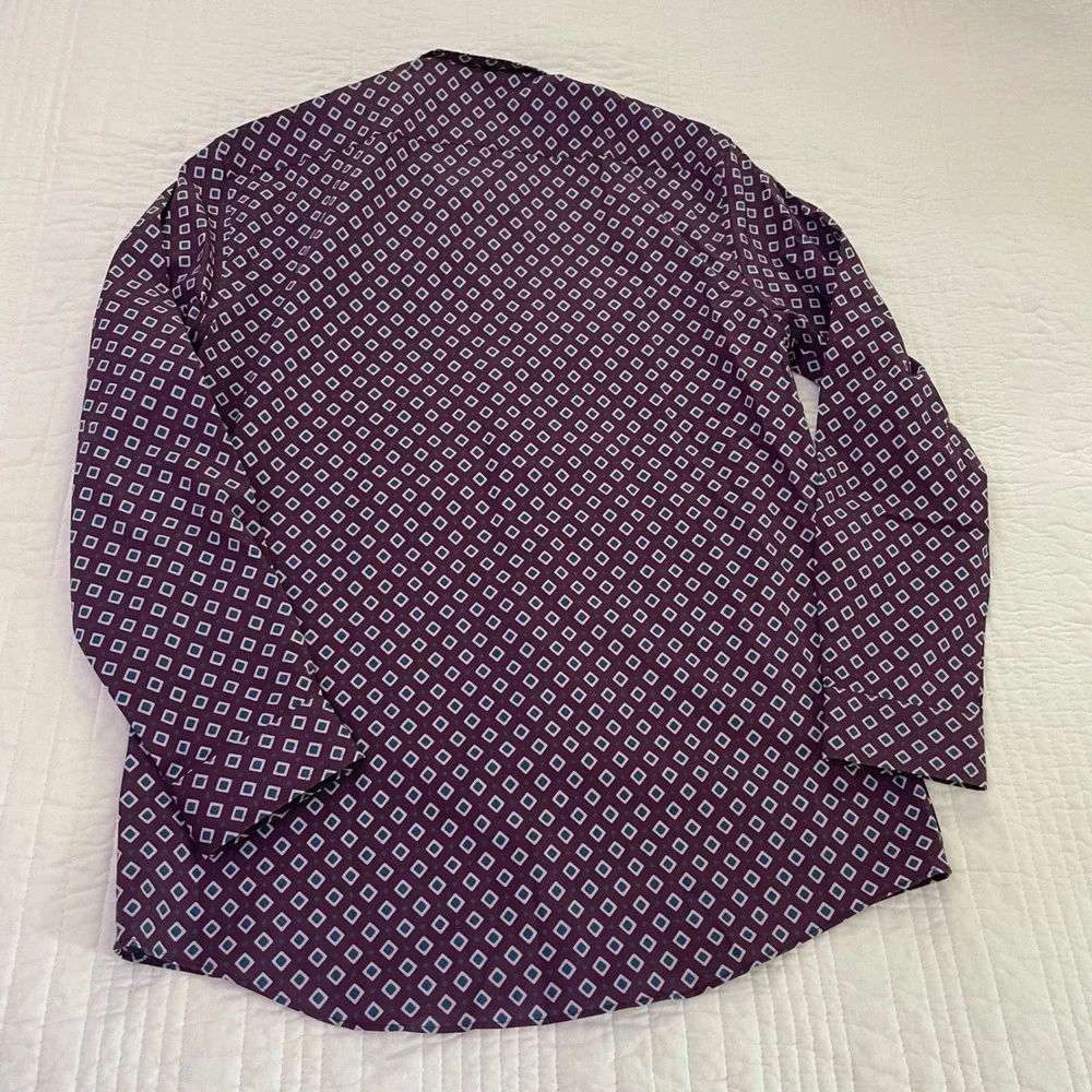 J. Ferrar Men Purple Blue Diamond Geometric Slim Fit Stretch Dress Shirt 15.5 32